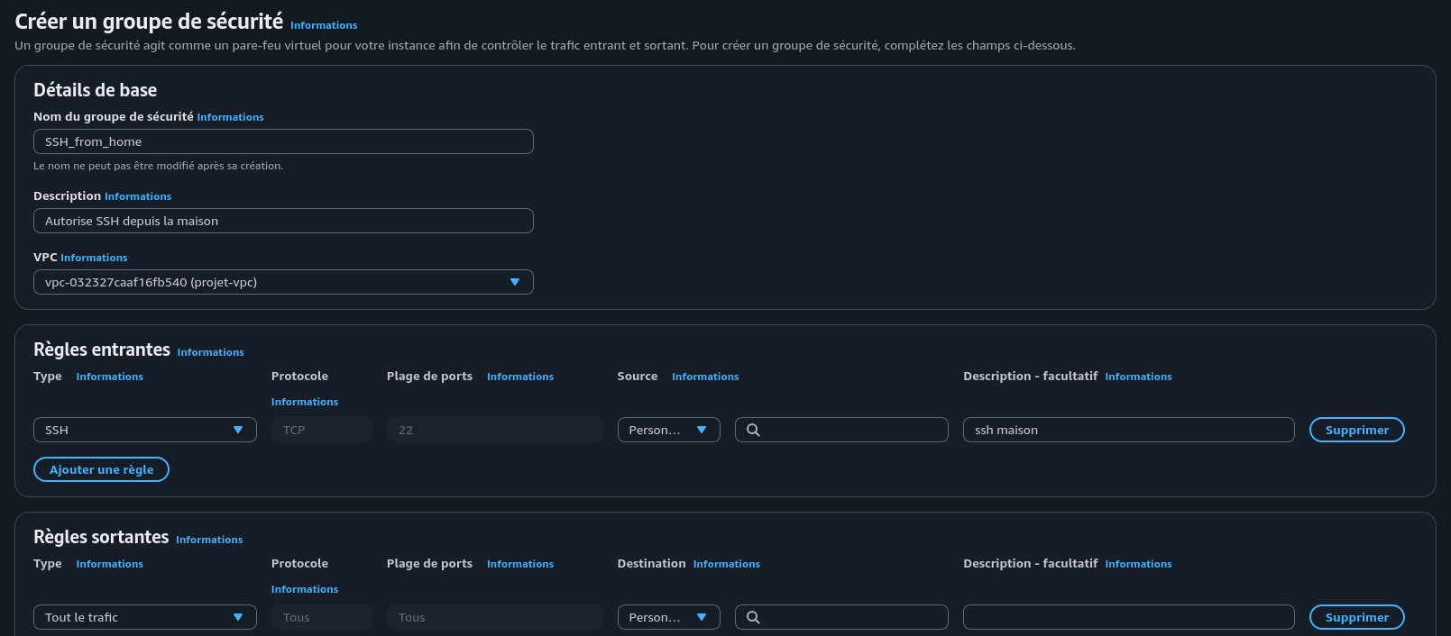 Capture d'écran: security groups